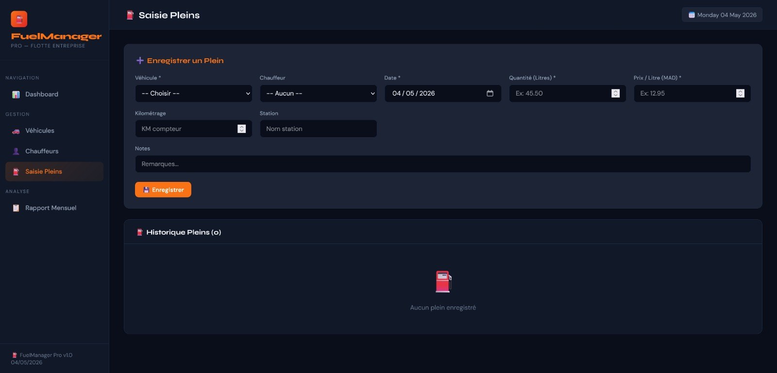 FuelManager — Saisie de plein
